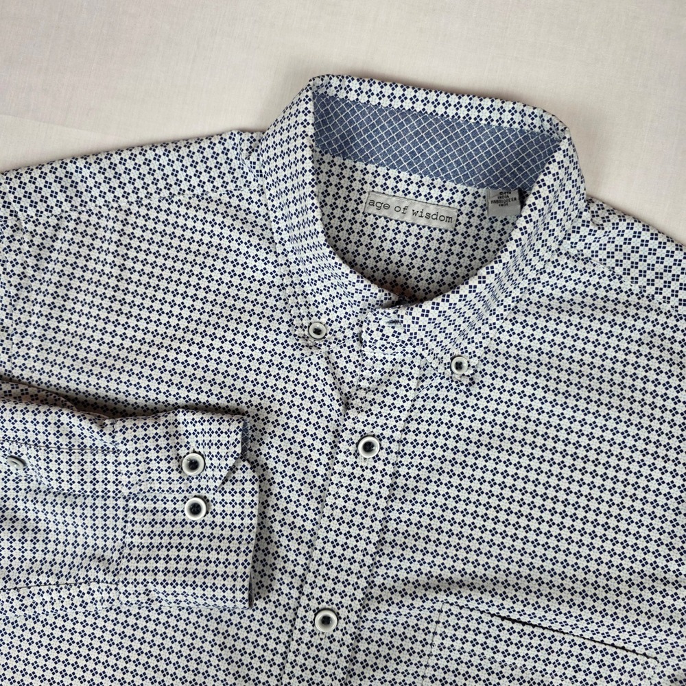 Age of Wisdom Long Sleeve Button Down Shirt Mens L Blue White Geometric Pattern